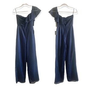 Lulus Off the Charts Navy Blue Grid Print Mesh One-Shoulder Jumpsuit XS